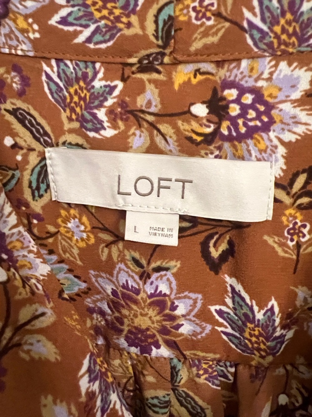 LOFT Rust Floral Tie-Neck Blouse with Long Sleeves - Picture 2 of 2